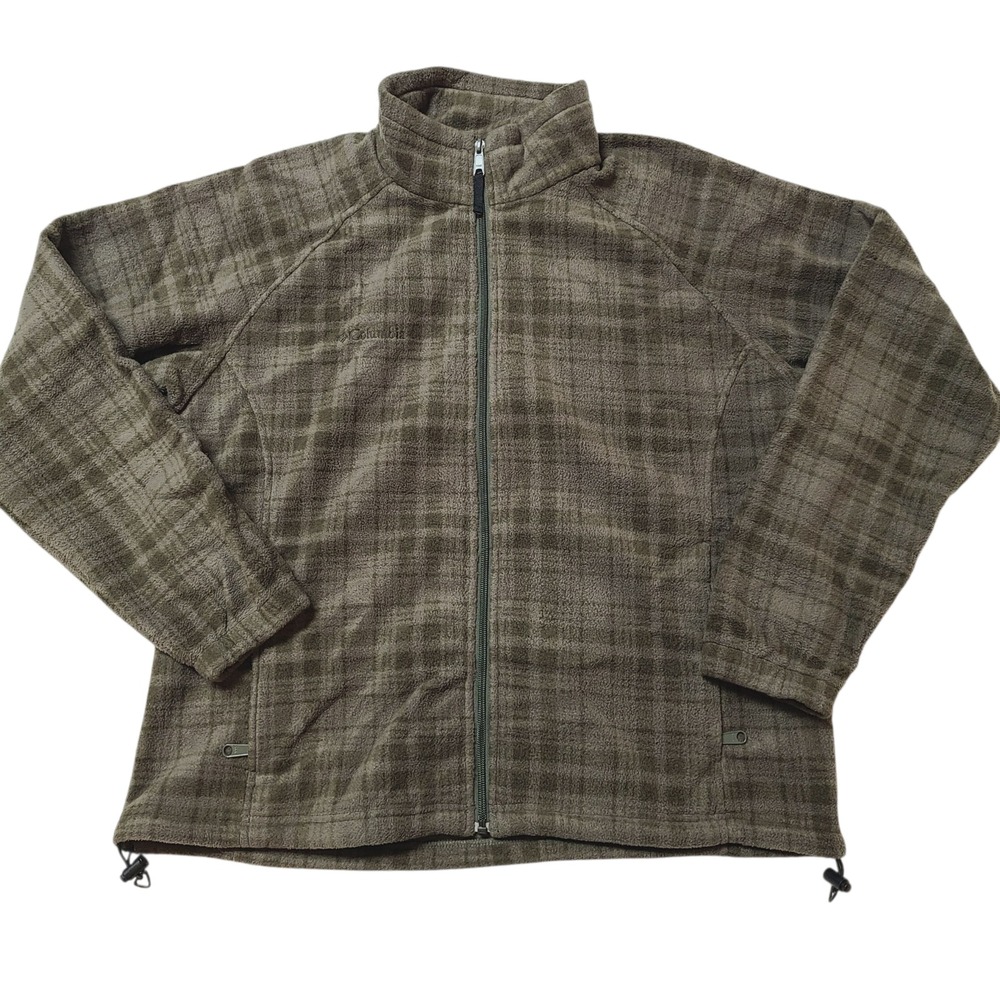 Columbia Womens Basic Jacket XL Green Olive Plaid Fleece Full Zip Outdoor